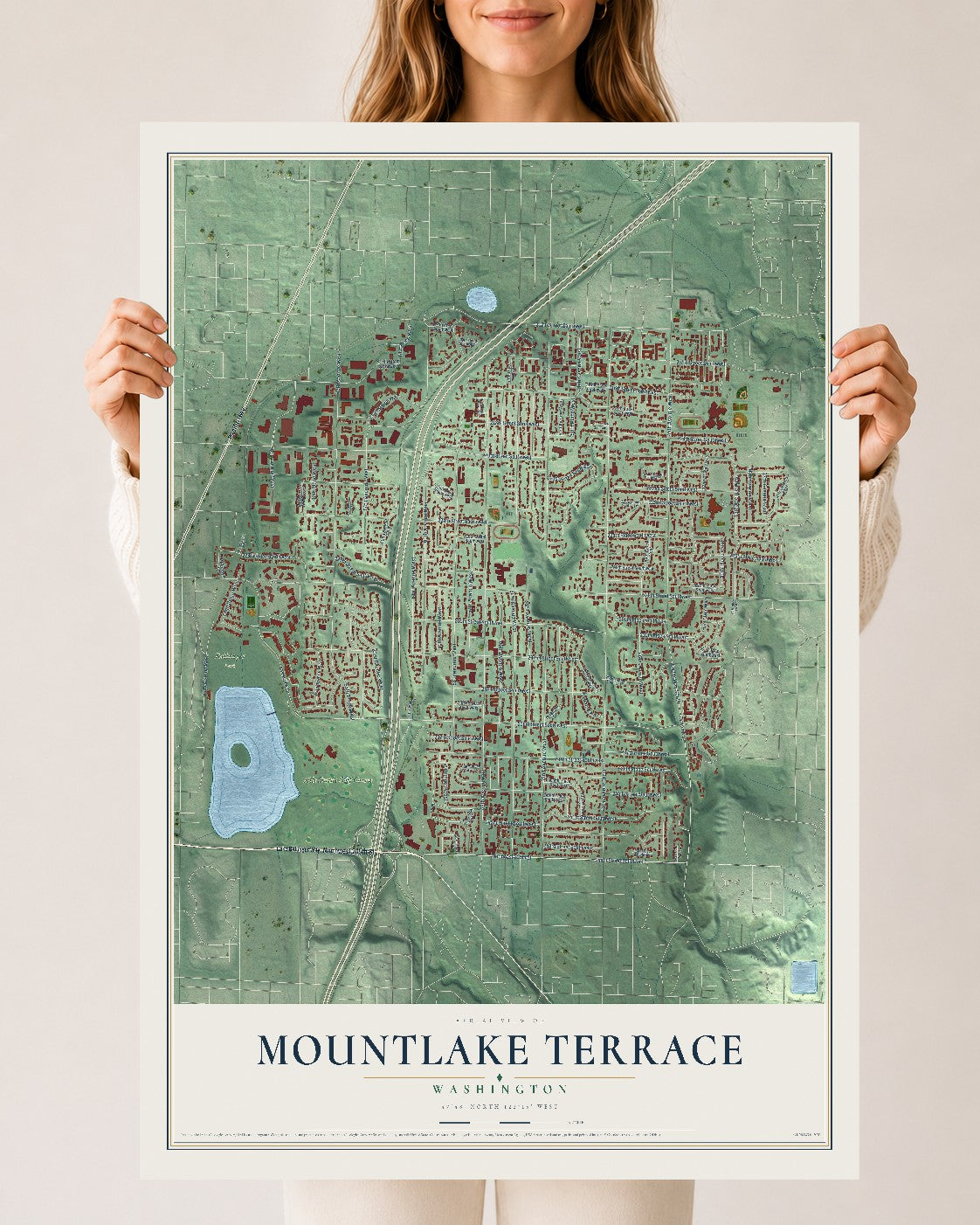 Map of Mountlake Terrace, Washington, 24 x 36 inch unframed archival matte print