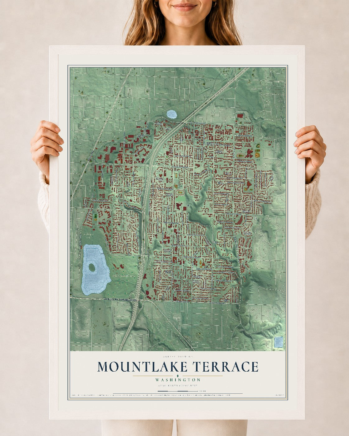 Map of Mountlake Terrace, Washington, 24 x 36 inch print in a white wood frame