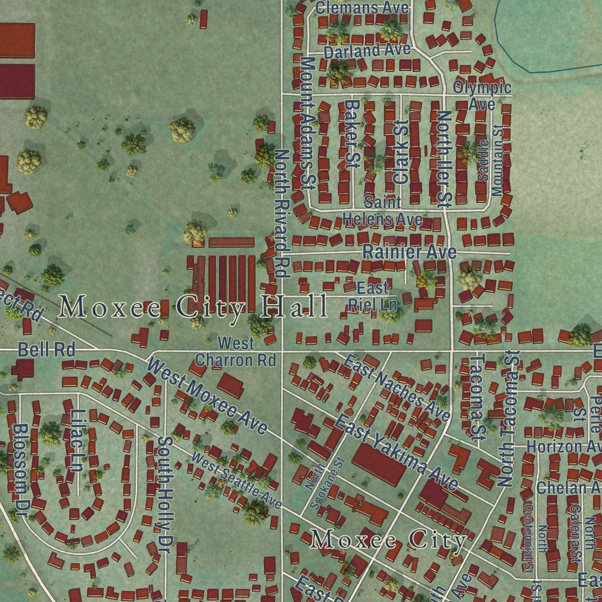 Close-up of the map of Moxee, Washington print showing street and building detail