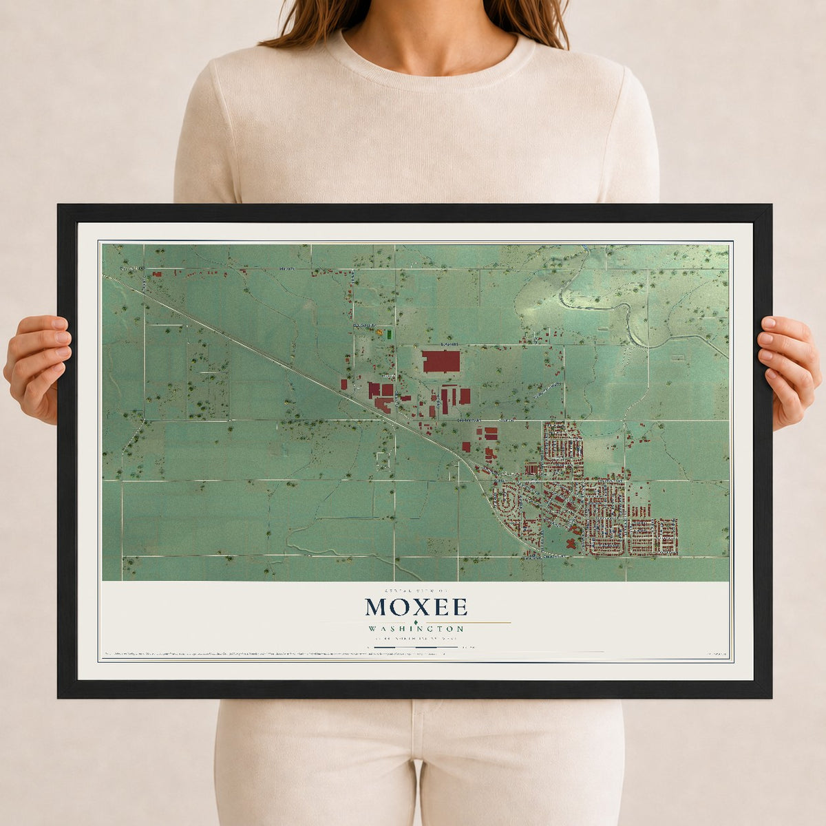 Map of Moxee, Washington, 12 x 18 inch print in a black wood frame