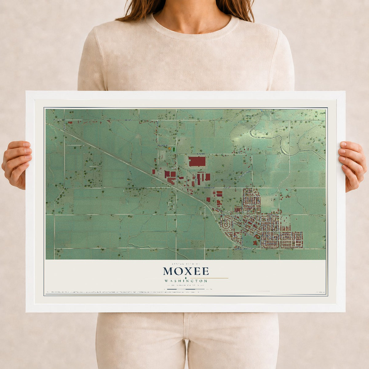 Map of Moxee, Washington, 12 x 18 inch print in a white wood frame