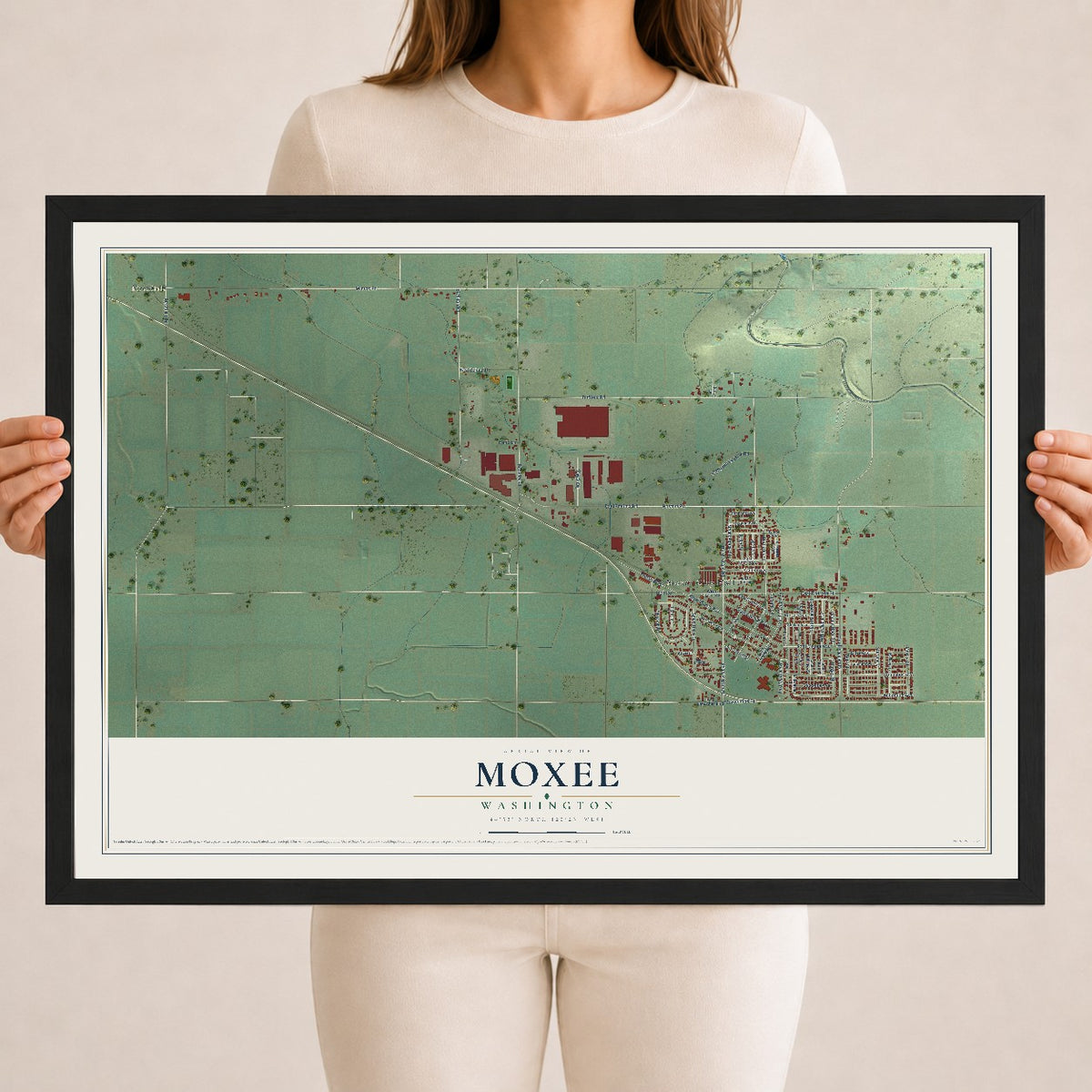 Map of Moxee, Washington, 18 x 24 inch print in a black wood frame