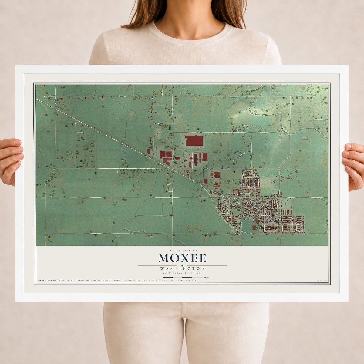 Map of Moxee, Washington, 18 x 24 inch print in a white wood frame