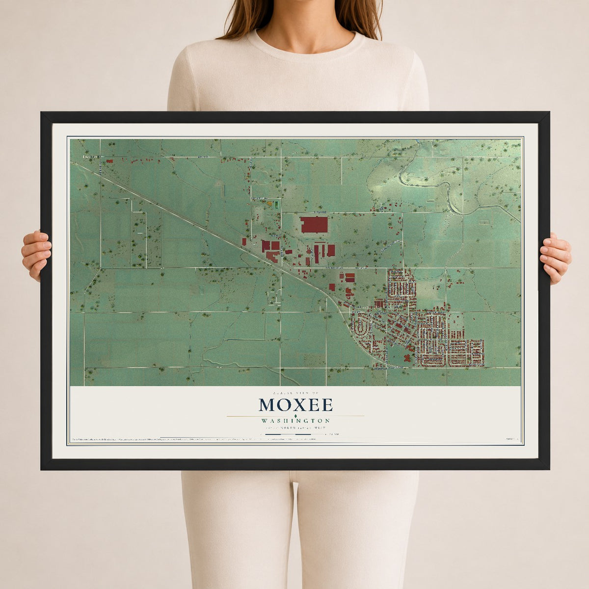Map of Moxee, Washington, 24 x 36 inch print in a black wood frame