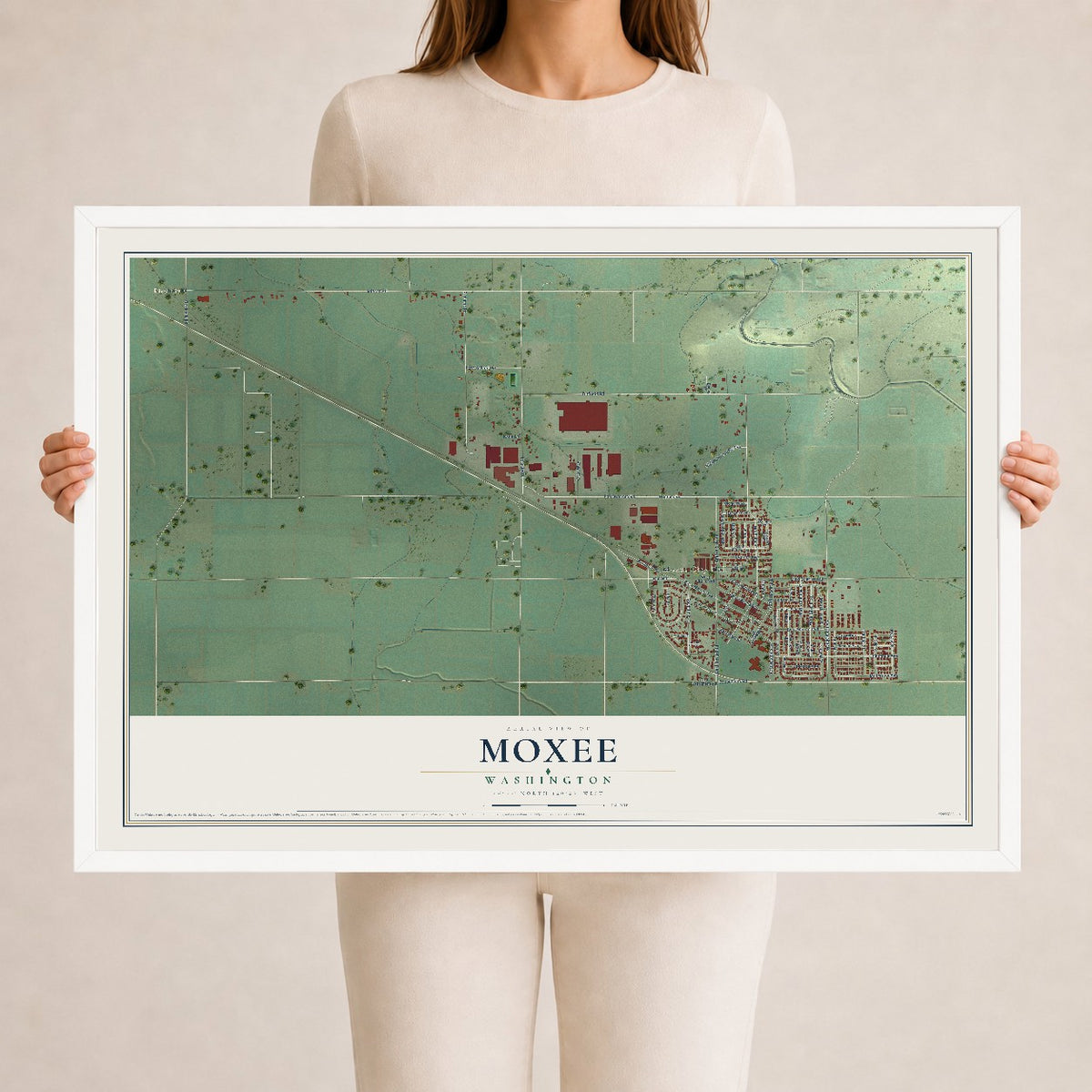 Map of Moxee, Washington, 24 x 36 inch print in a white wood frame
