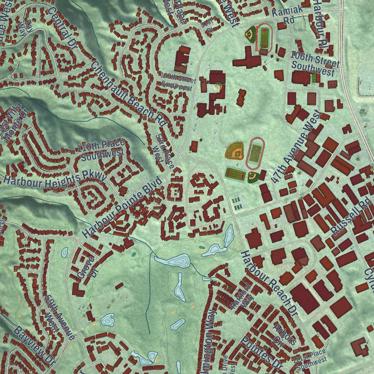 Close-up of the map of Mukilteo, Washington print showing street and building detail