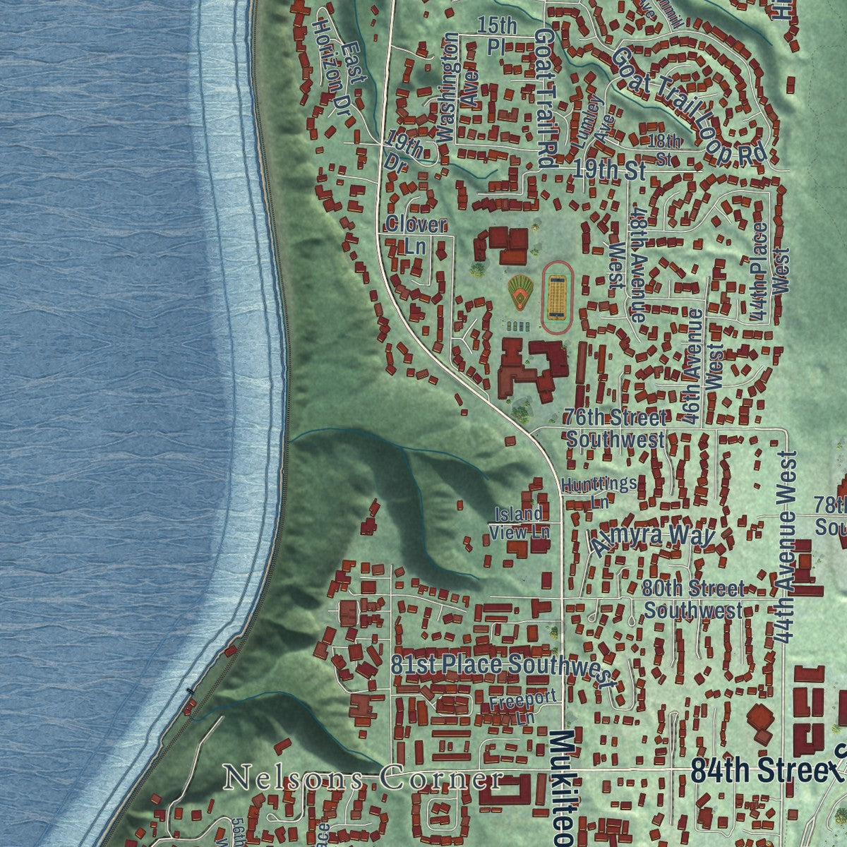 Second close-up of the map of Mukilteo, Washington print showing more streets and buildings