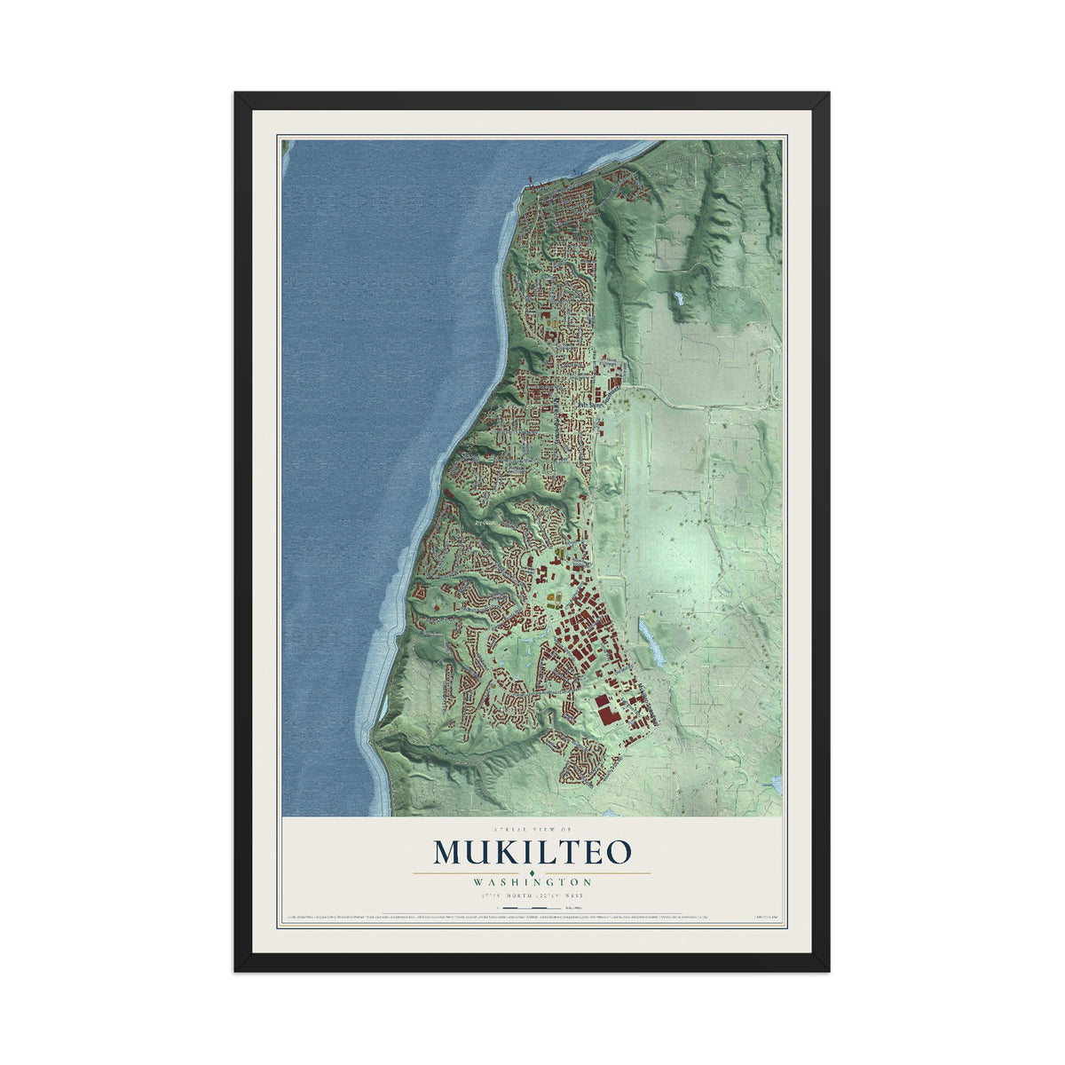 Map of Mukilteo, Washington, 12 x 18 inch print in a black wood frame