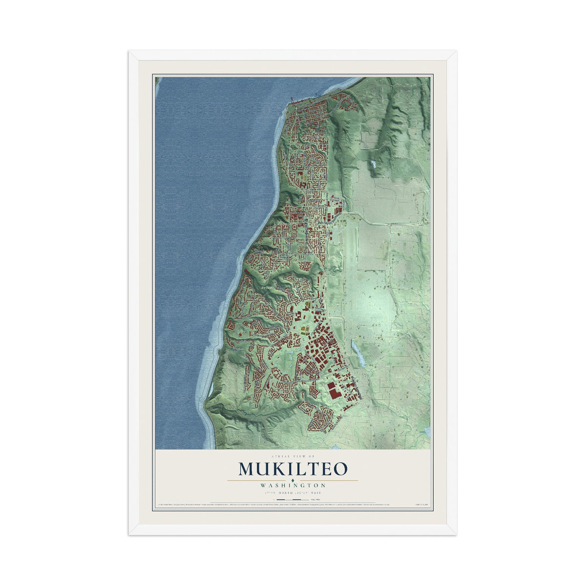 Map of Mukilteo, Washington, 12 x 18 inch print in a white wood frame