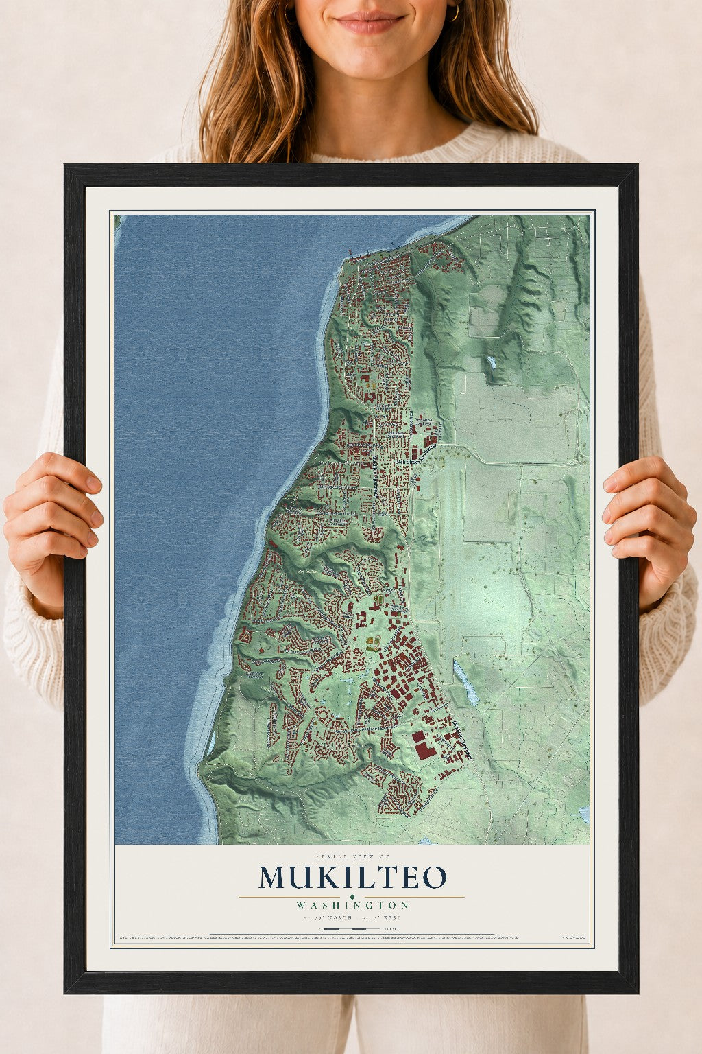 Map of Mukilteo, Washington, 18 x 24 inch print in a black wood frame