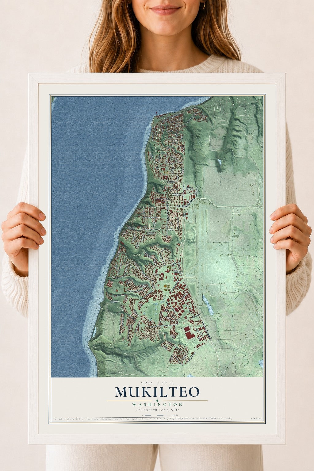 Map of Mukilteo, Washington, 18 x 24 inch print in a white wood frame