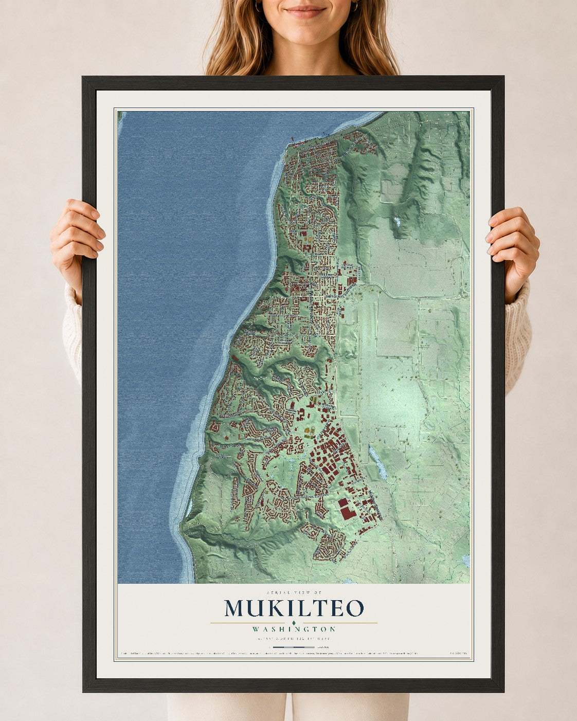 Map of Mukilteo, Washington, 24 x 36 inch print in a black wood frame