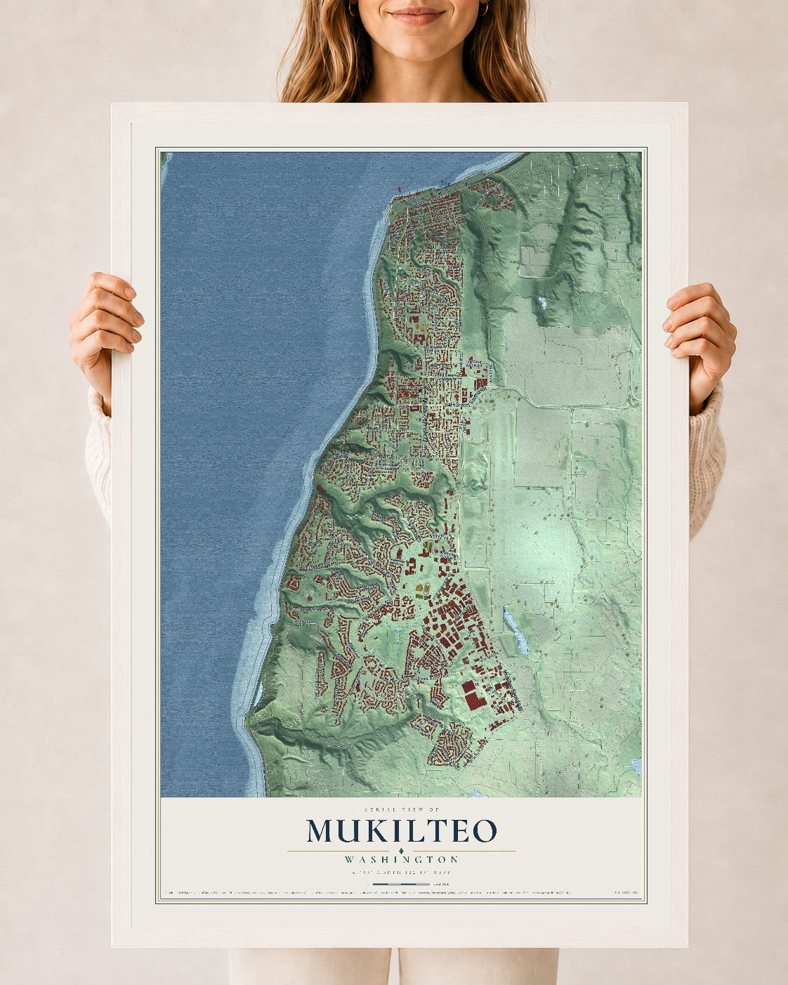 Map of Mukilteo, Washington, 24 x 36 inch print in a white wood frame