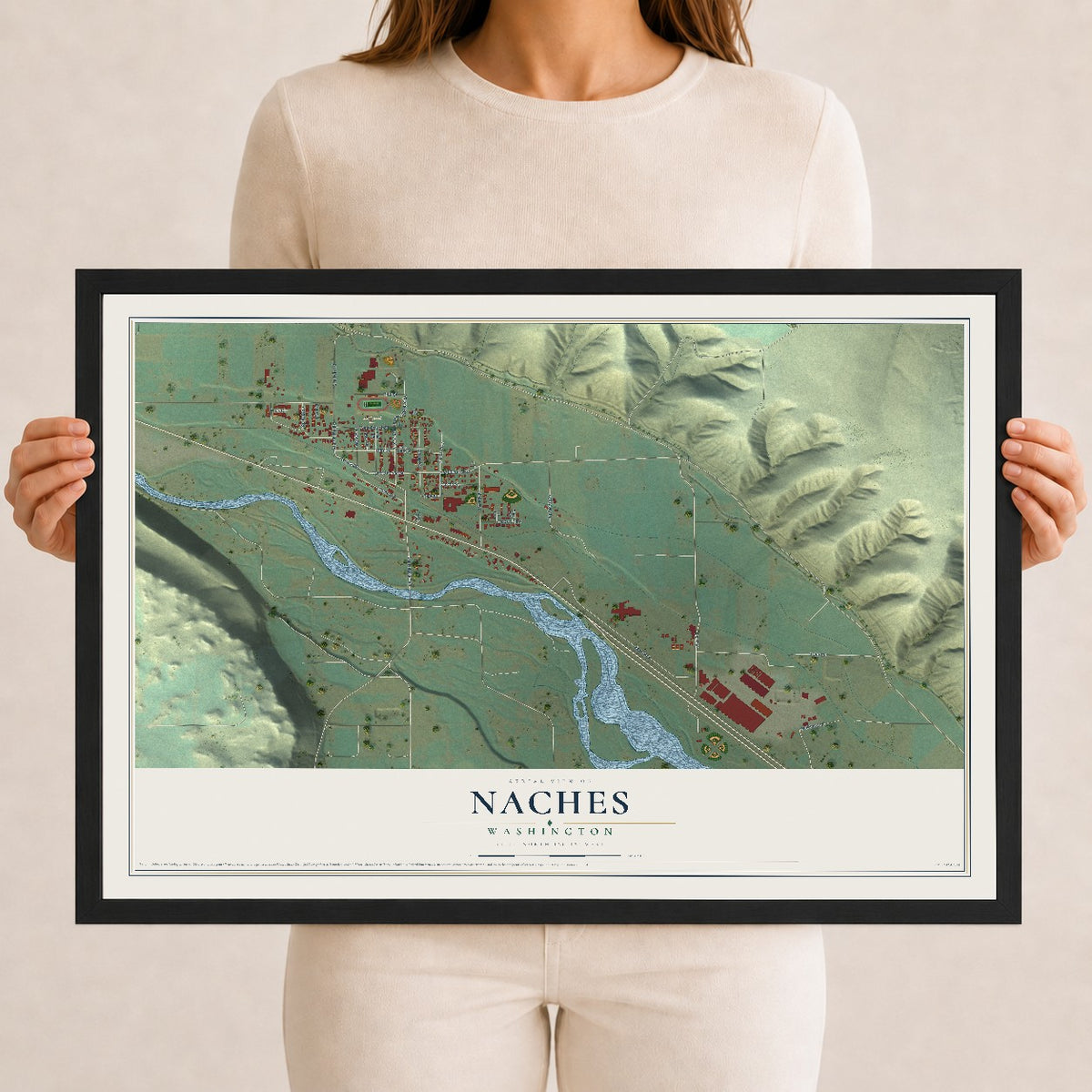 Map of Naches, Washington, 12 x 18 inch print in a black wood frame