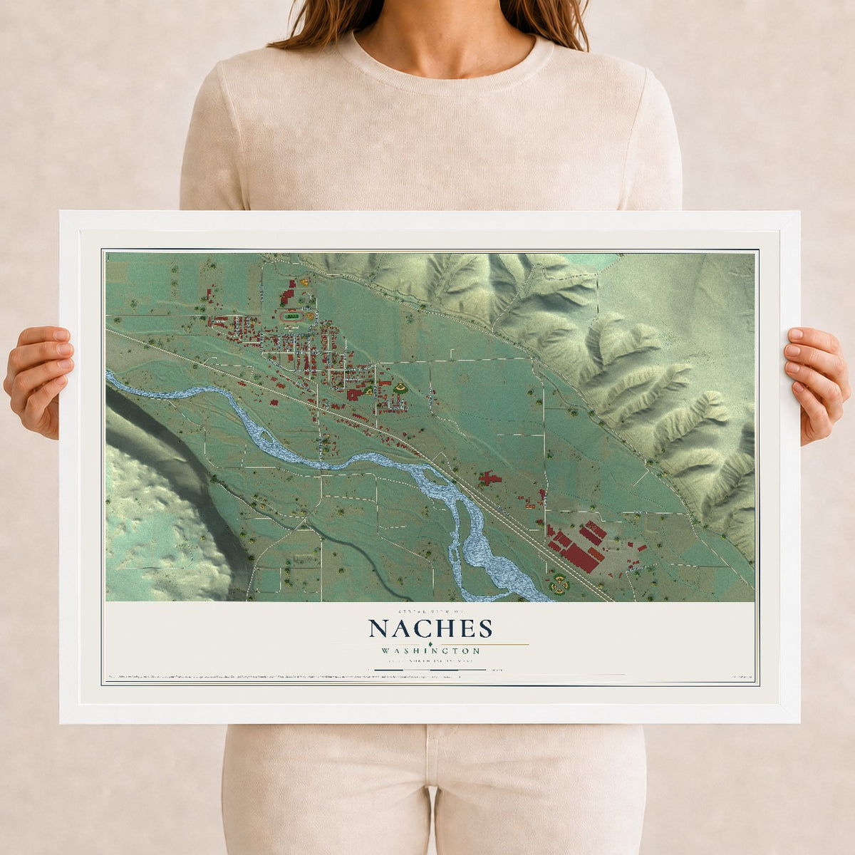 Map of Naches, Washington, 12 x 18 inch print in a white wood frame