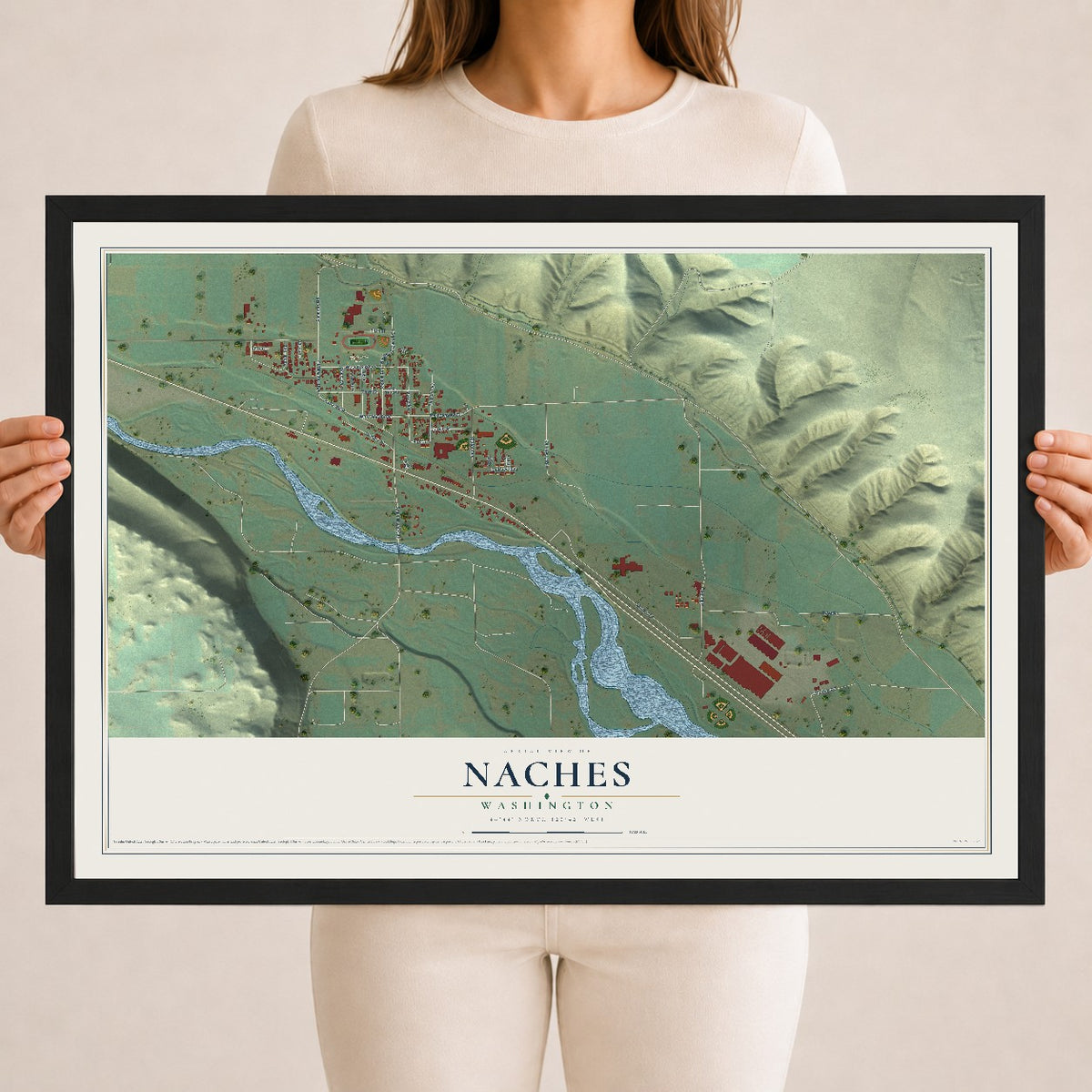 Map of Naches, Washington, 18 x 24 inch print in a black wood frame