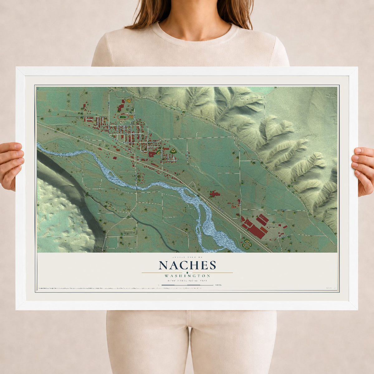 Map of Naches, Washington, 18 x 24 inch print in a white wood frame