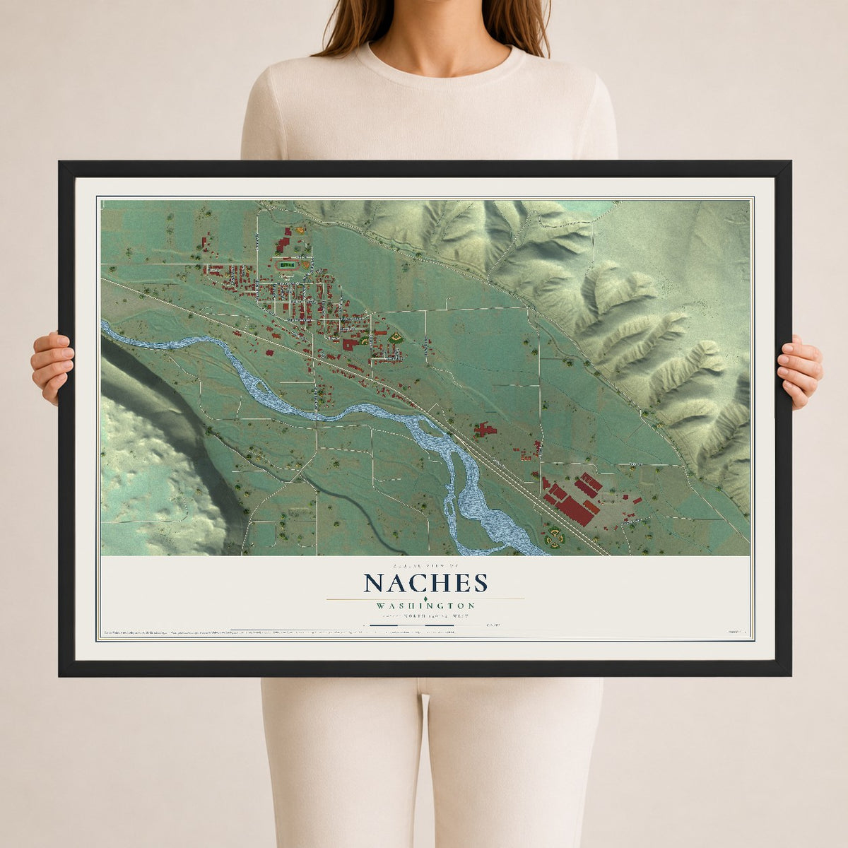 Map of Naches, Washington, 24 x 36 inch print in a black wood frame