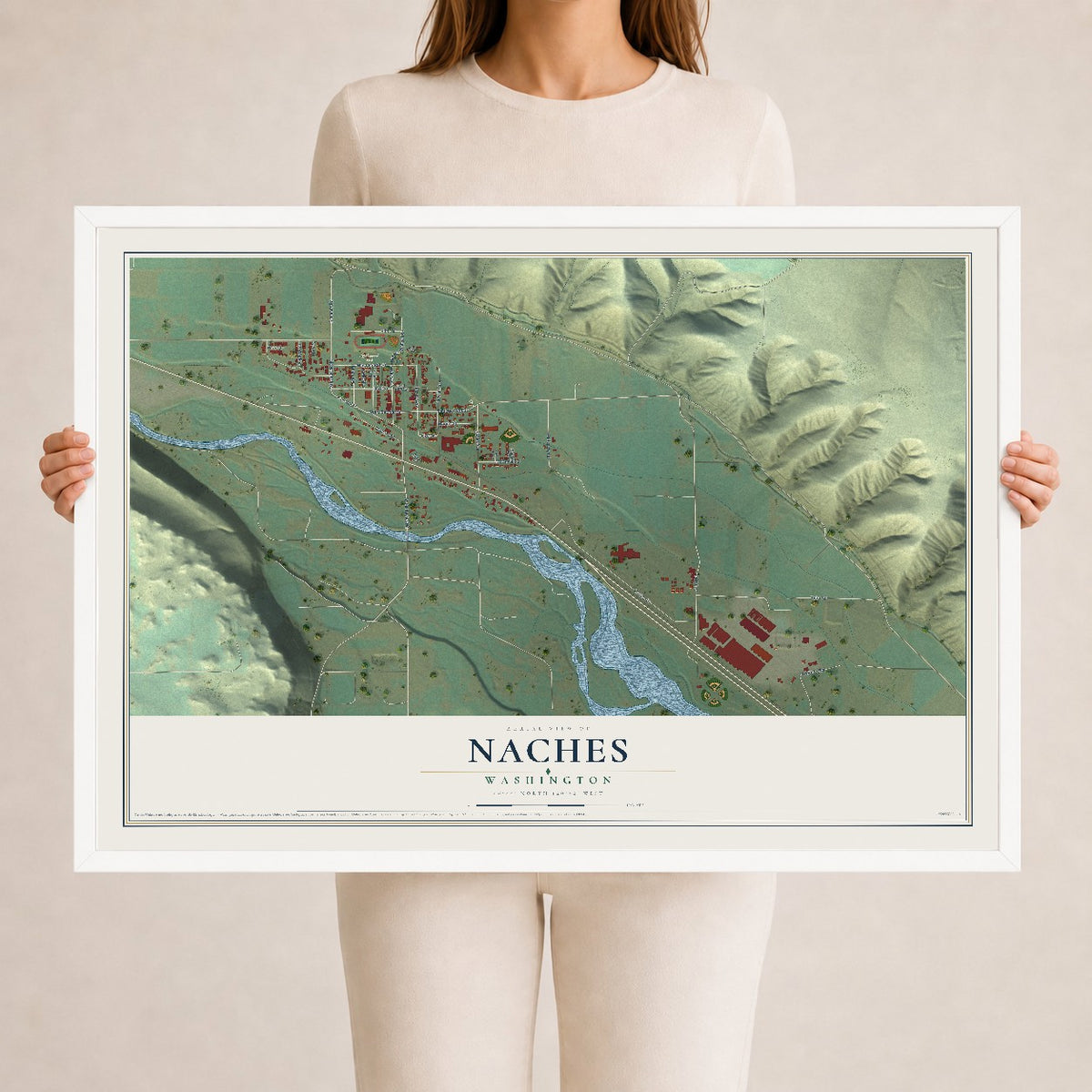 Map of Naches, Washington, 24 x 36 inch print in a white wood frame