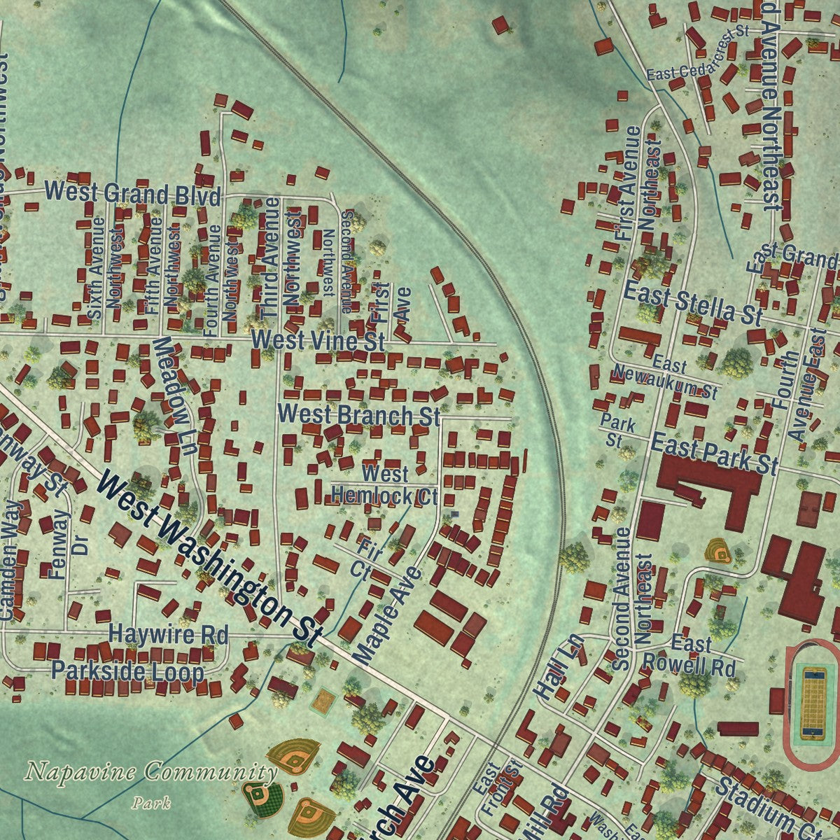 Close-up of the map of Napavine, Washington print showing street and building detail