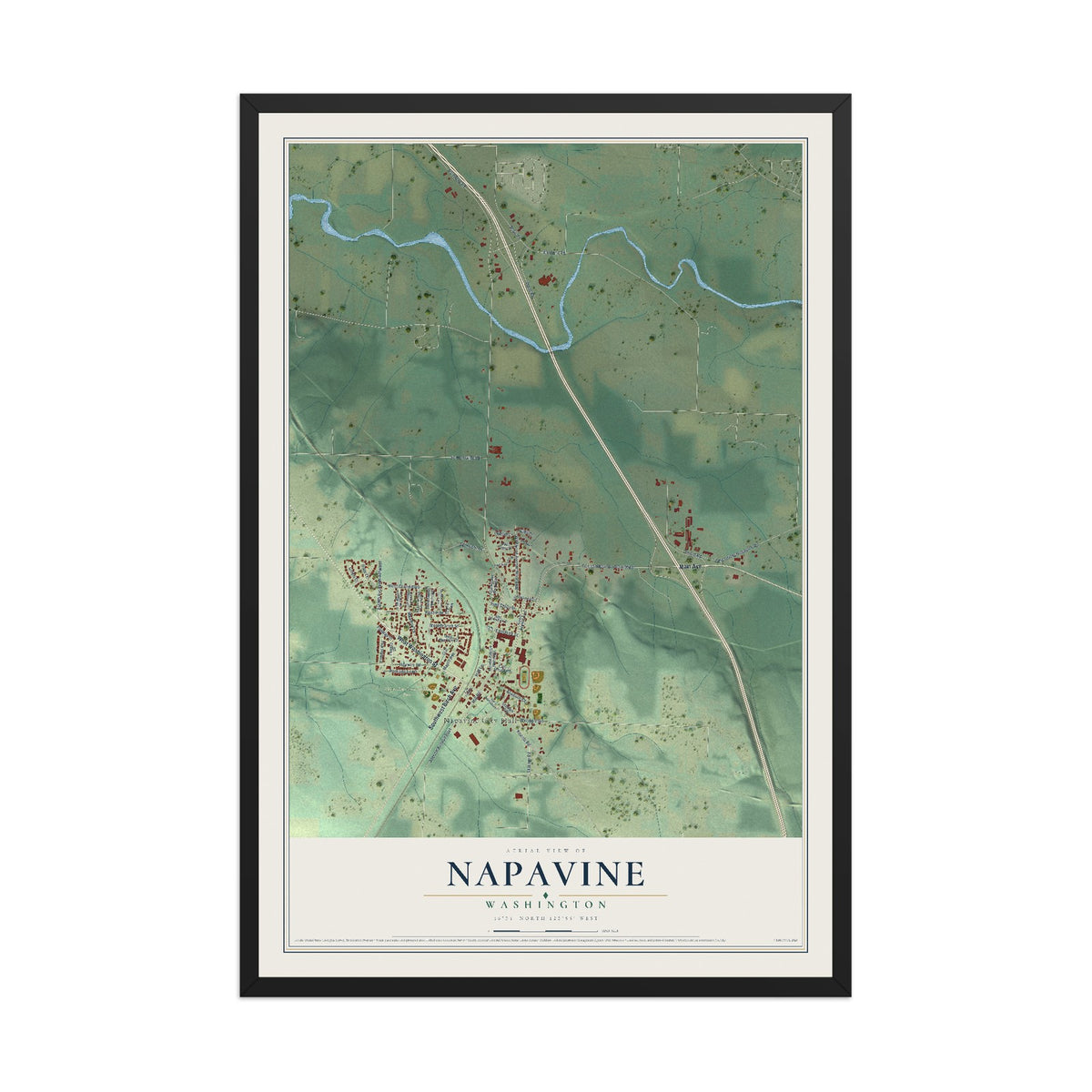 Map of Napavine, Washington, 12 x 18 inch print in a black wood frame