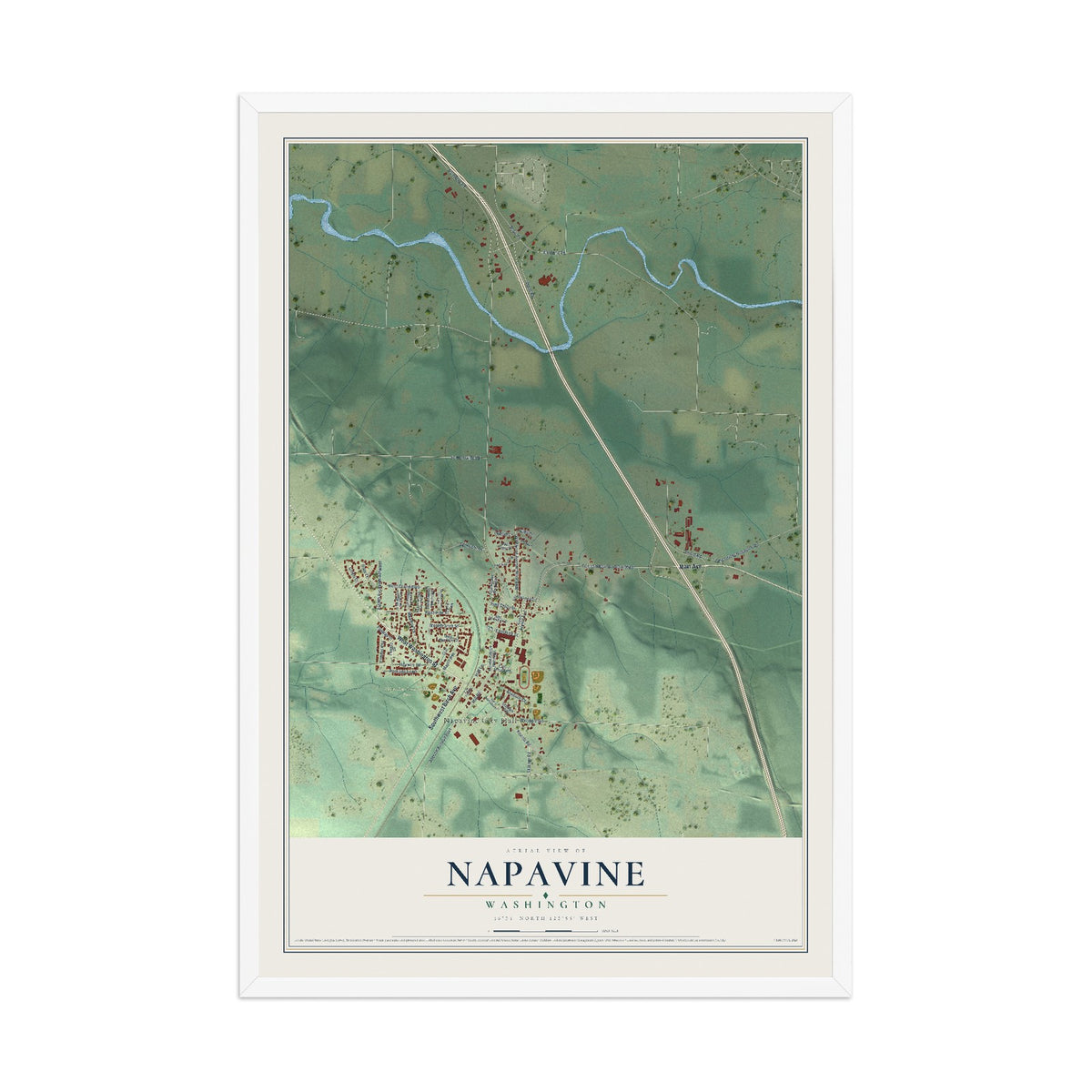 Map of Napavine, Washington, 12 x 18 inch print in a white wood frame
