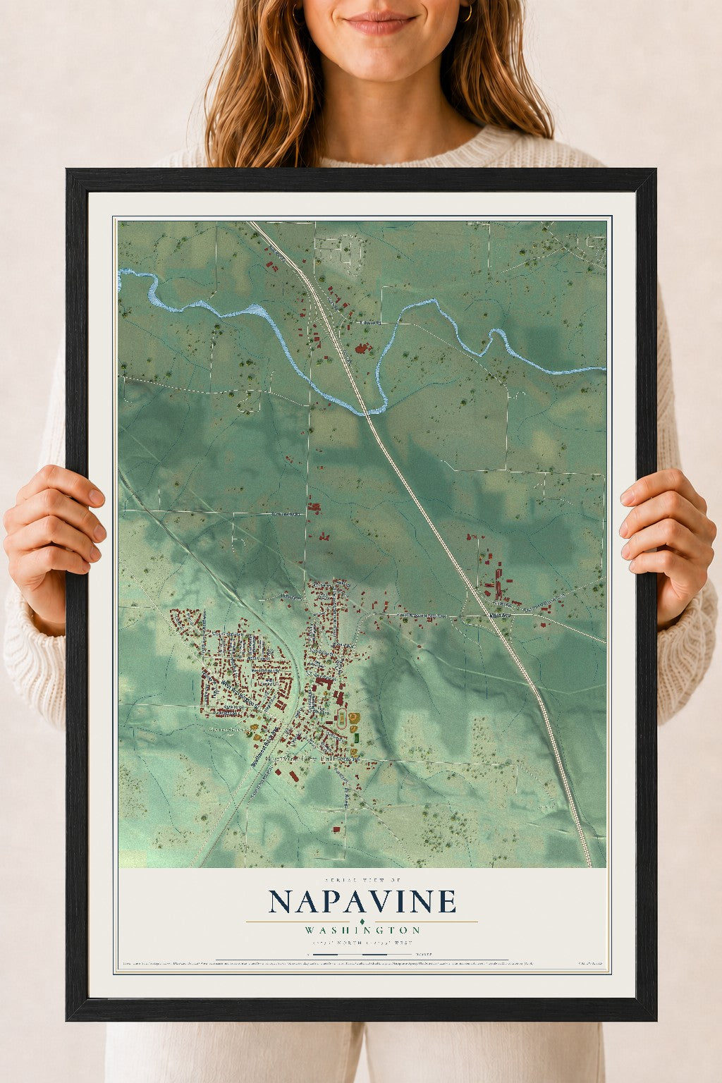 Map of Napavine, Washington, 18 x 24 inch print in a black wood frame