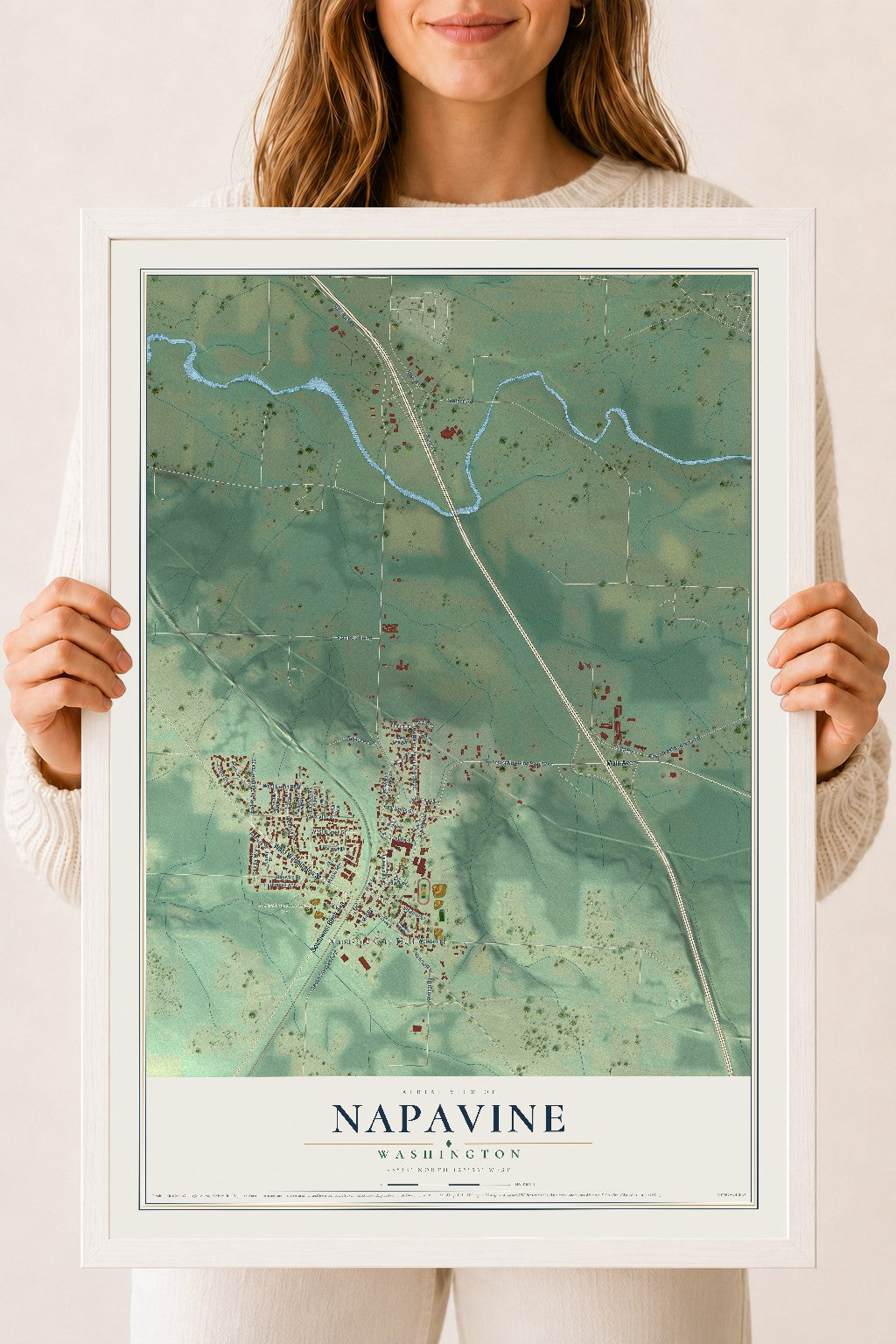 Map of Napavine, Washington, 18 x 24 inch print in a white wood frame