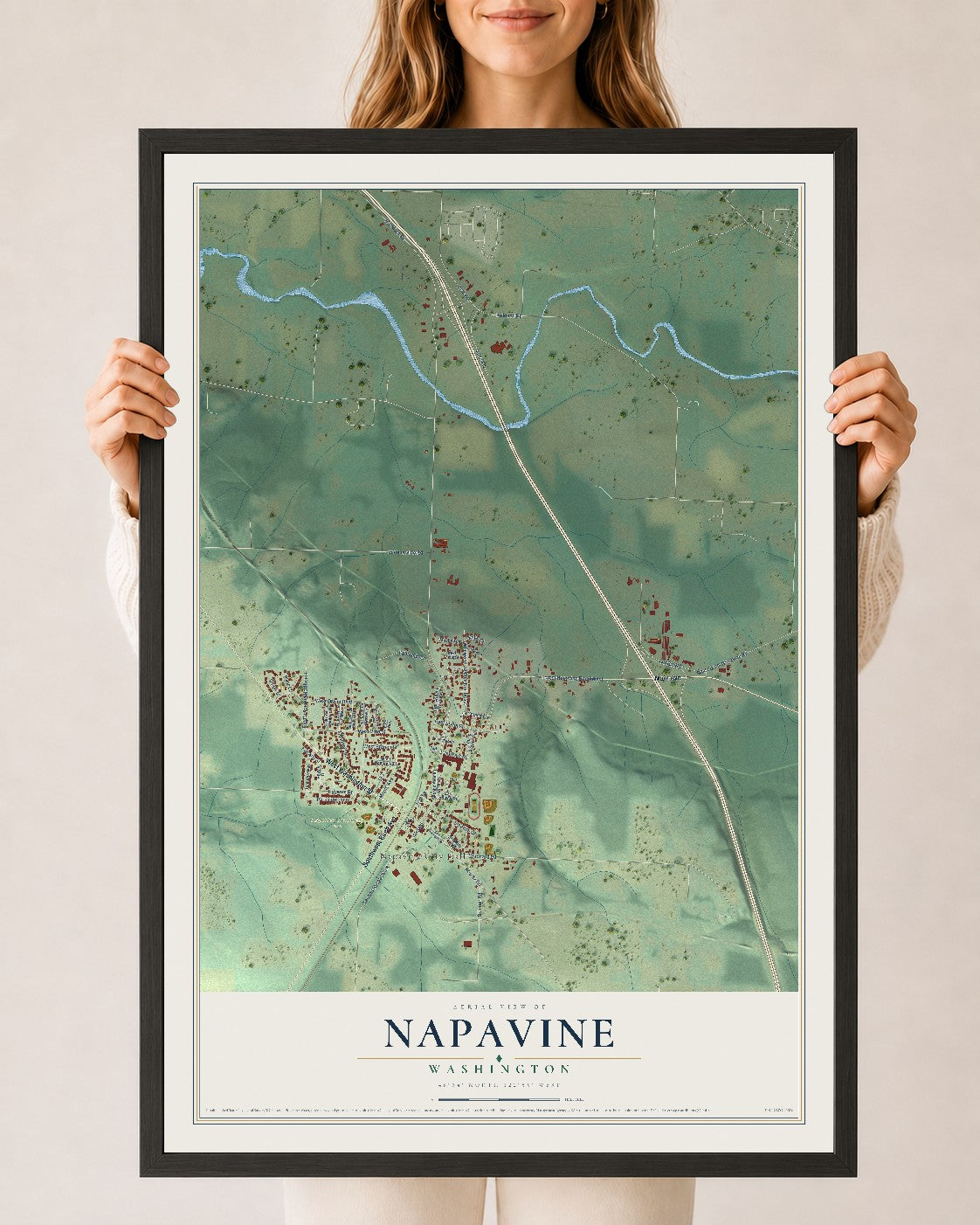 Map of Napavine, Washington, 24 x 36 inch print in a black wood frame