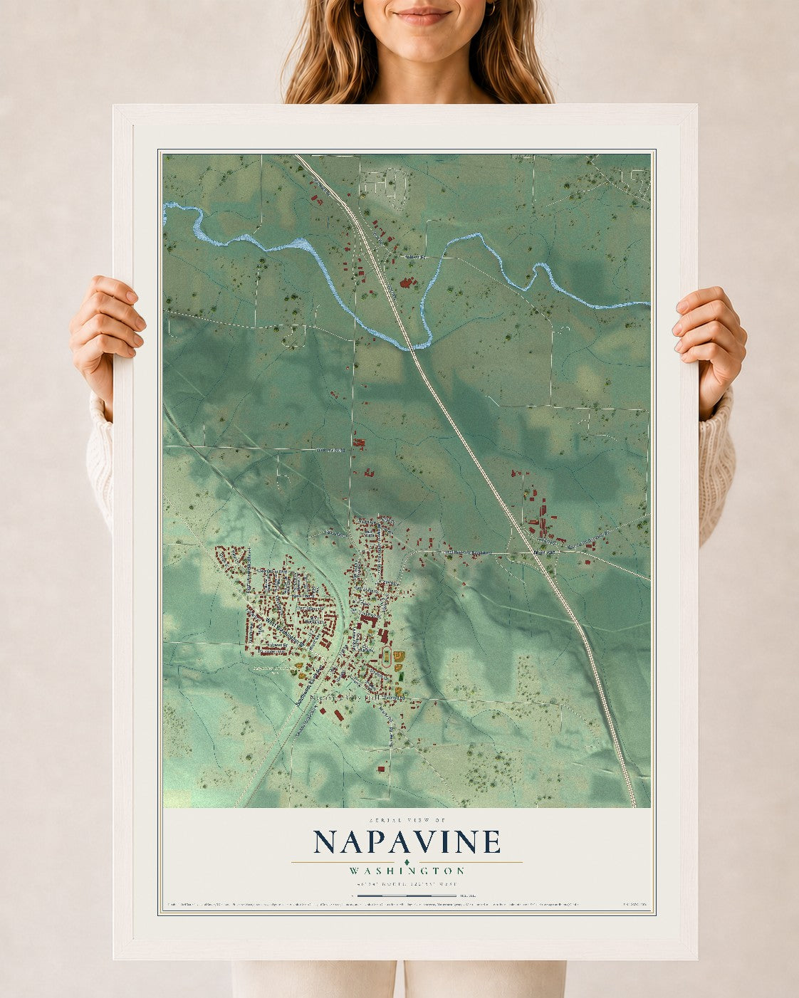 Map of Napavine, Washington, 24 x 36 inch print in a white wood frame