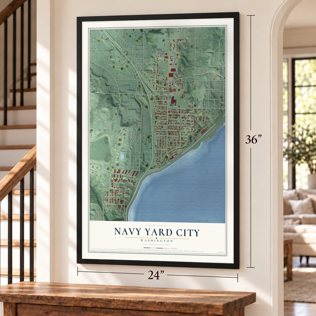 Navy Yard City, Washington map, 24 x 36 inch print in a black frame by a staircase
