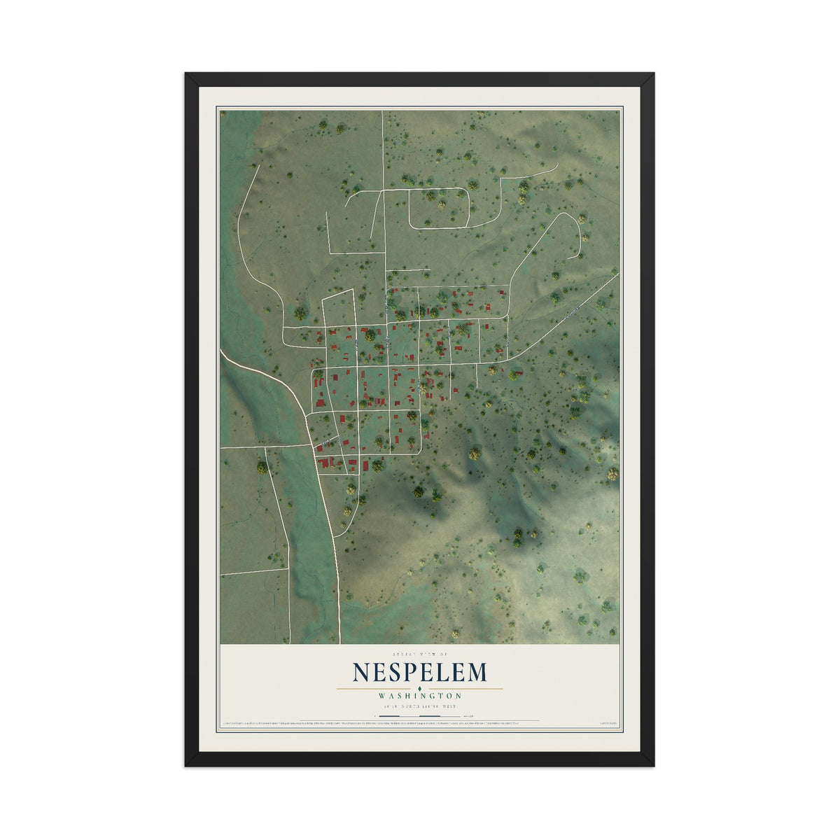 Map of Nespelem, Washington, 12 x 18 inch print in a black wood frame