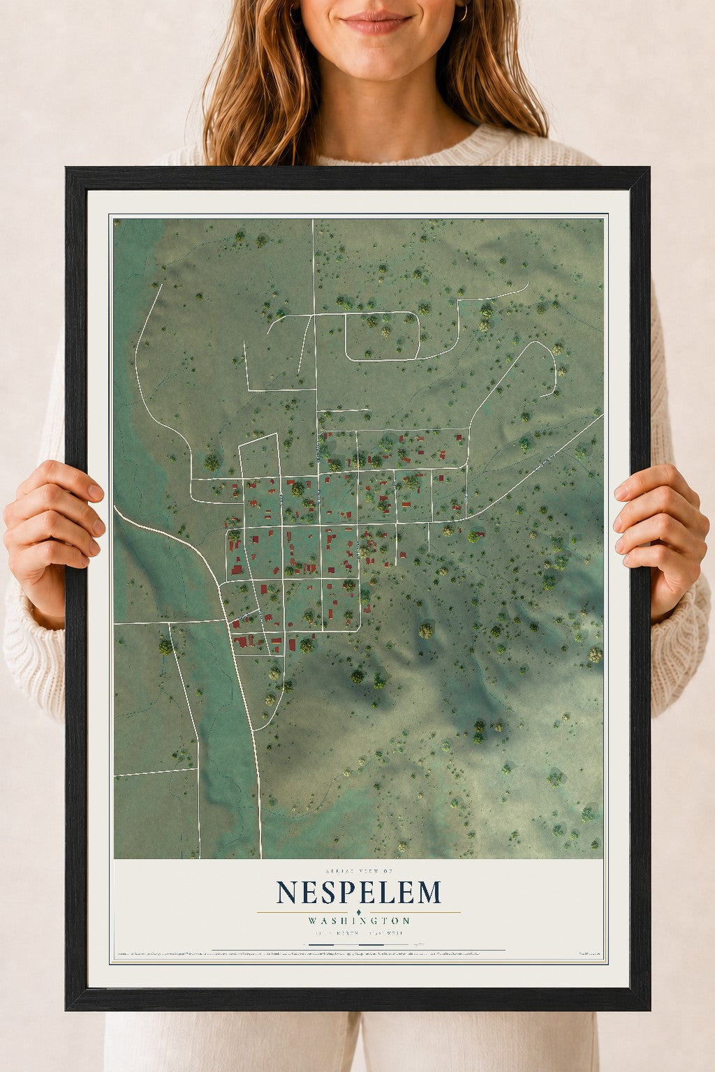 Map of Nespelem, Washington, 18 x 24 inch print in a black wood frame