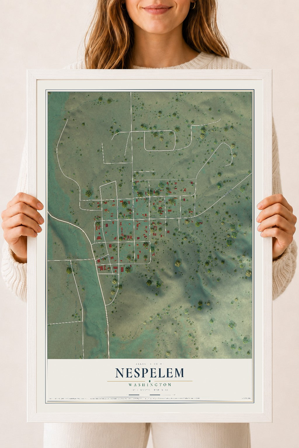 Map of Nespelem, Washington, 18 x 24 inch print in a white wood frame
