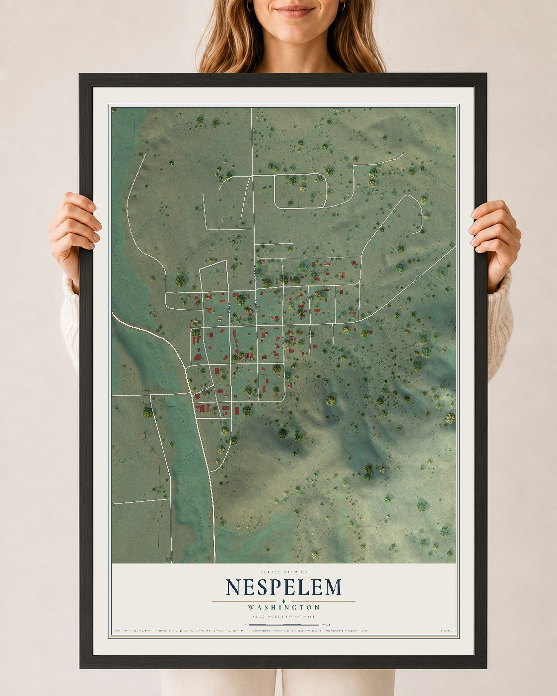 Map of Nespelem, Washington, 24 x 36 inch print in a black wood frame