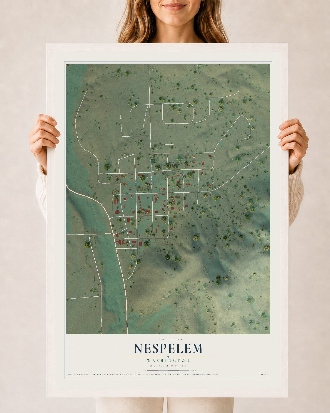 Map of Nespelem, Washington, 24 x 36 inch print in a white wood frame