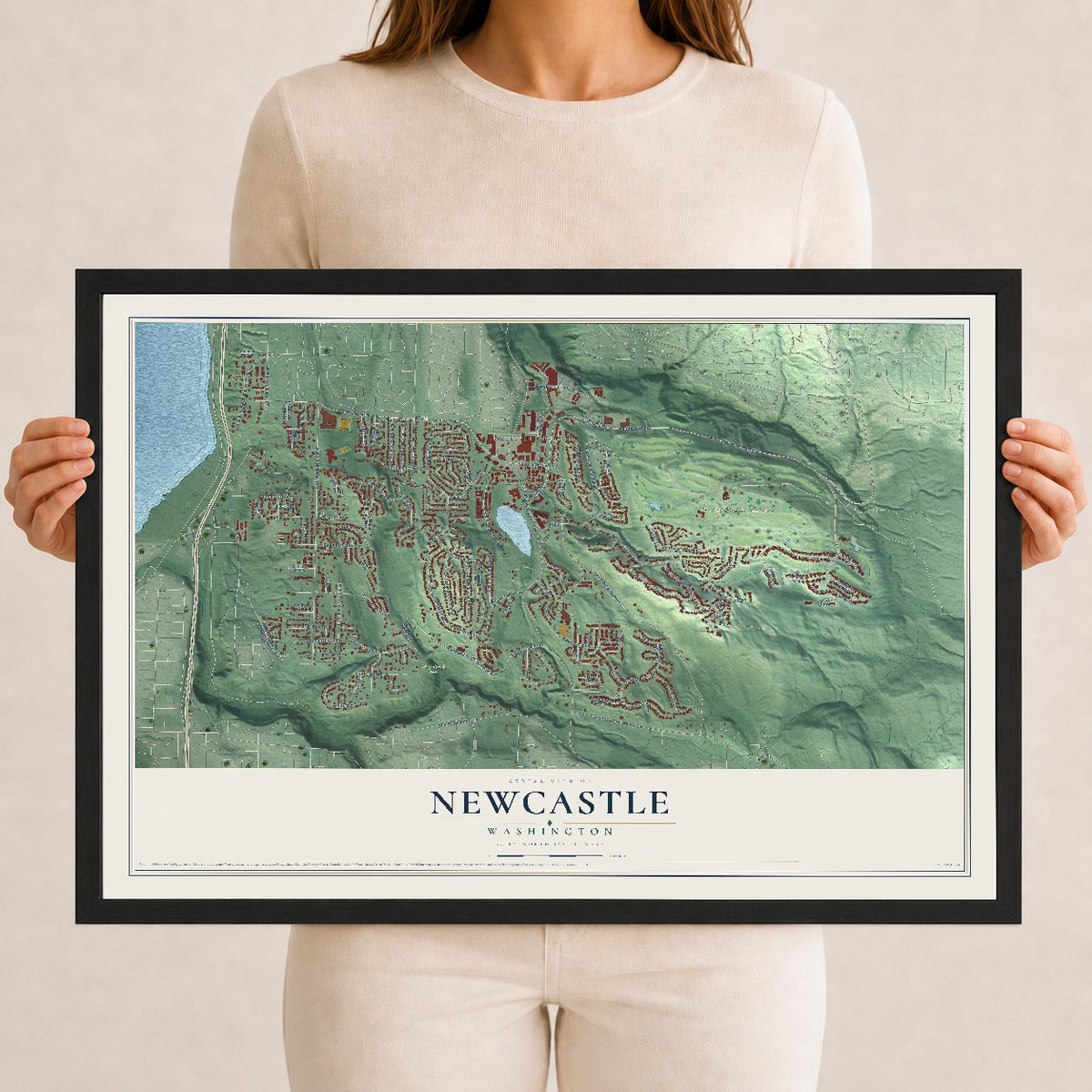 Map of Newcastle, Washington, 12 x 18 inch print in a black wood frame