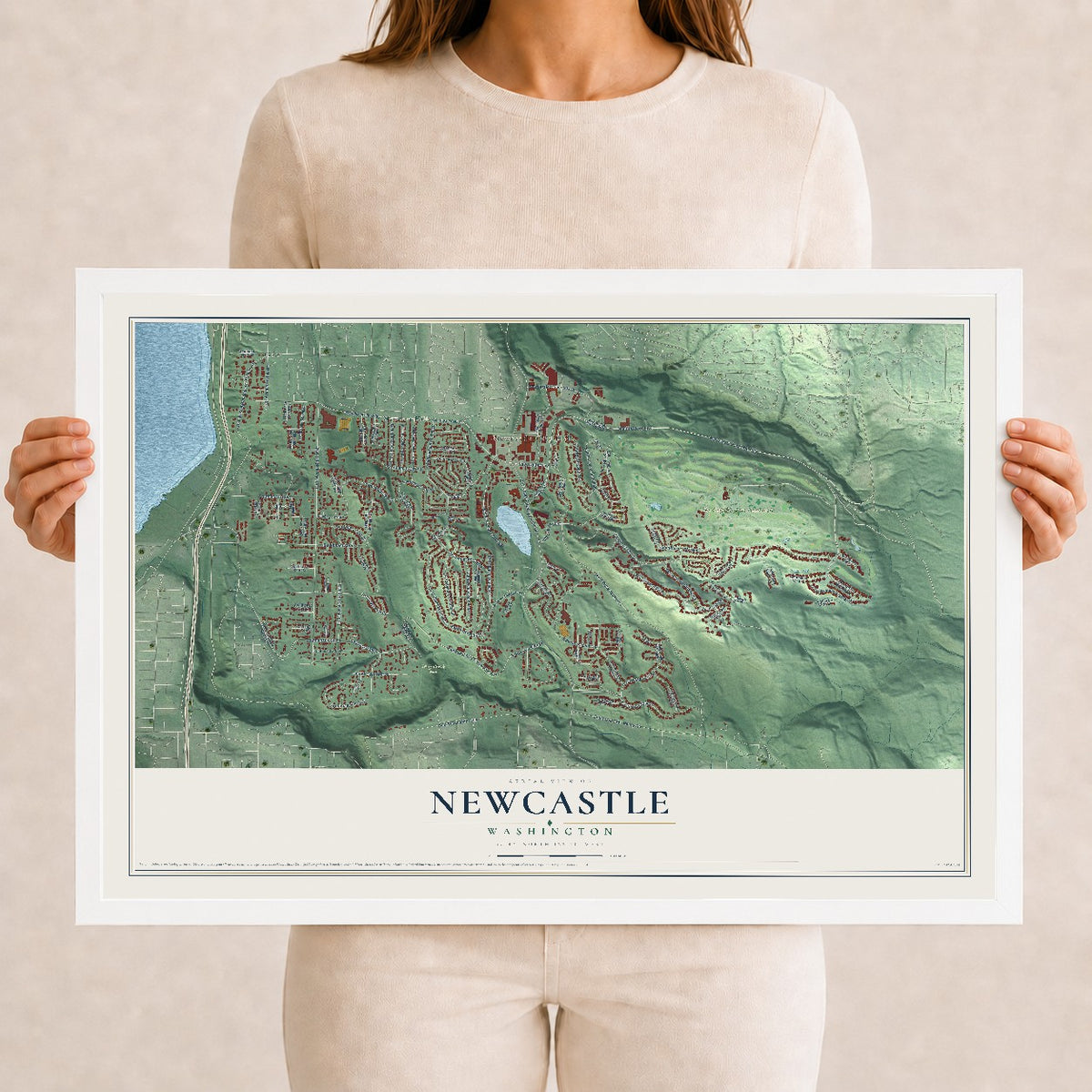Map of Newcastle, Washington, 12 x 18 inch print in a white wood frame