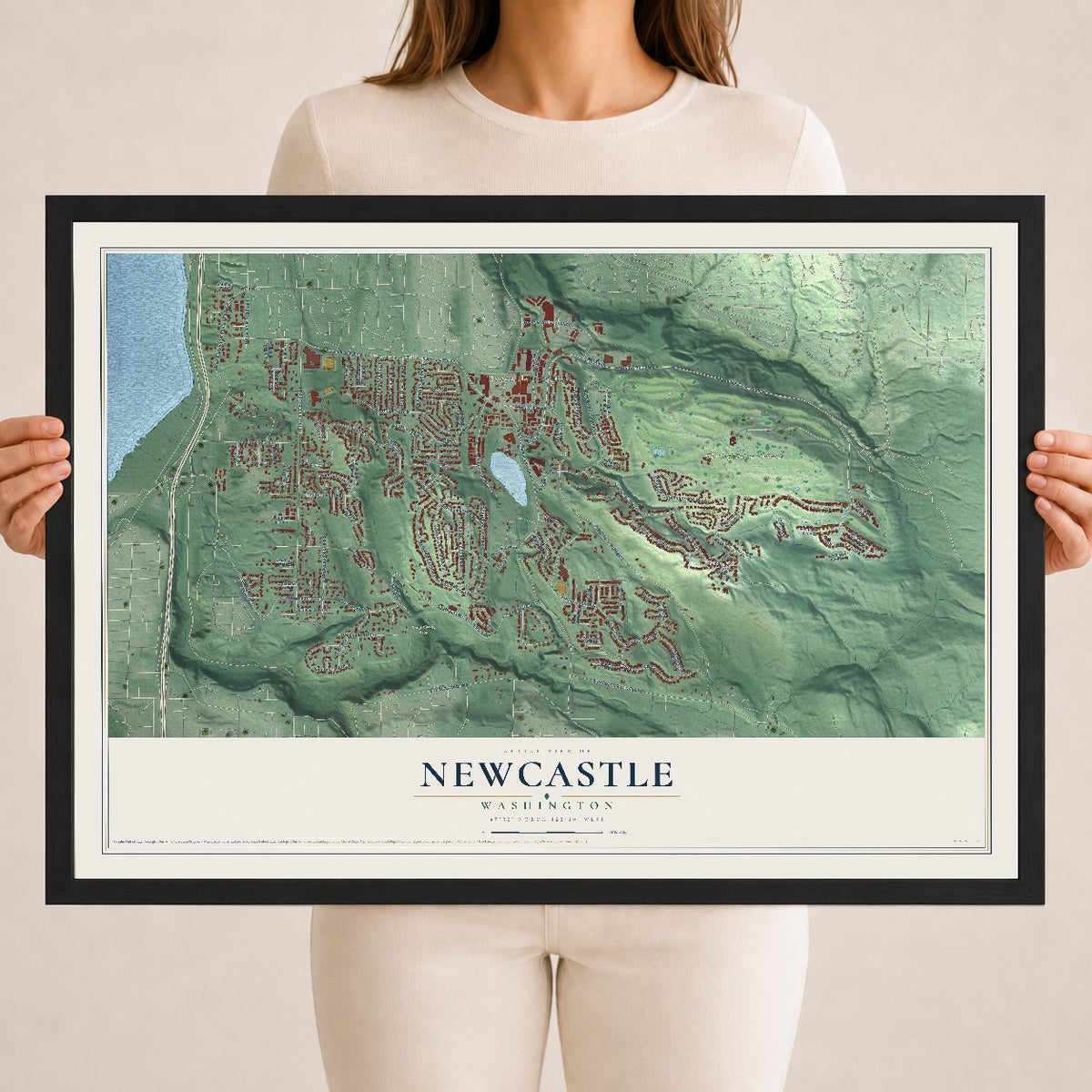 Map of Newcastle, Washington, 18 x 24 inch print in a black wood frame