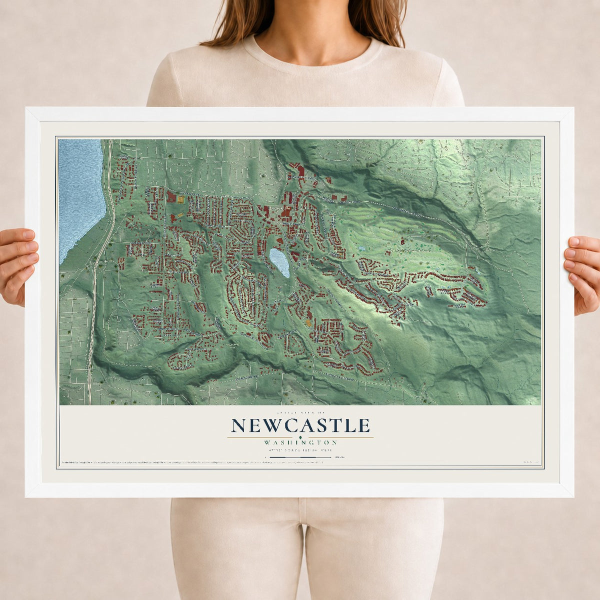 Map of Newcastle, Washington, 18 x 24 inch print in a white wood frame