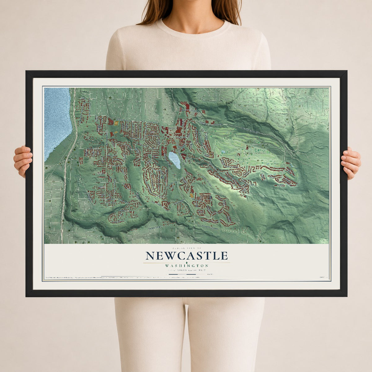 Map of Newcastle, Washington, 24 x 36 inch print in a black wood frame
