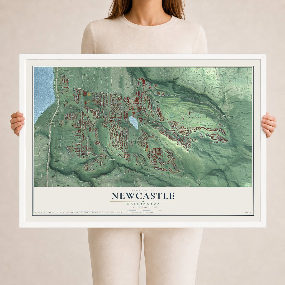 Map of Newcastle, Washington, 24 x 36 inch print in a white wood frame