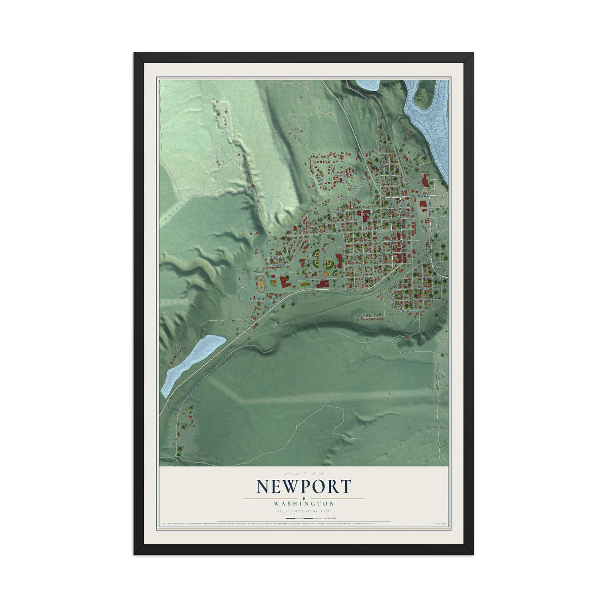 Map of Newport, Washington, 12 x 18 inch print in a black wood frame