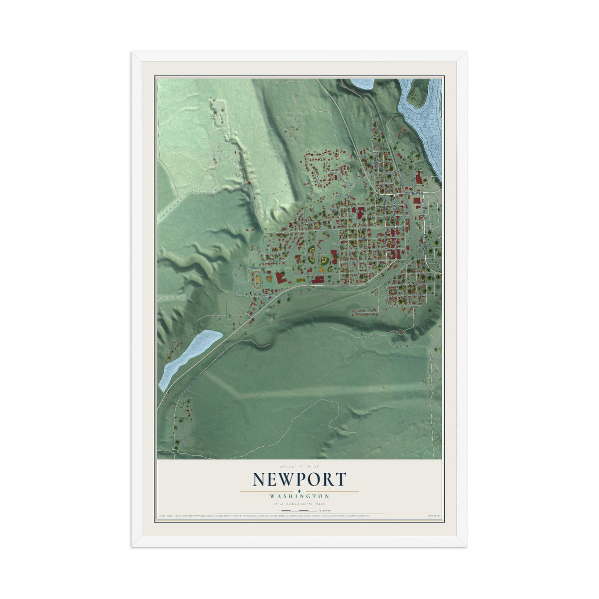 Map of Newport, Washington, 12 x 18 inch print in a white wood frame