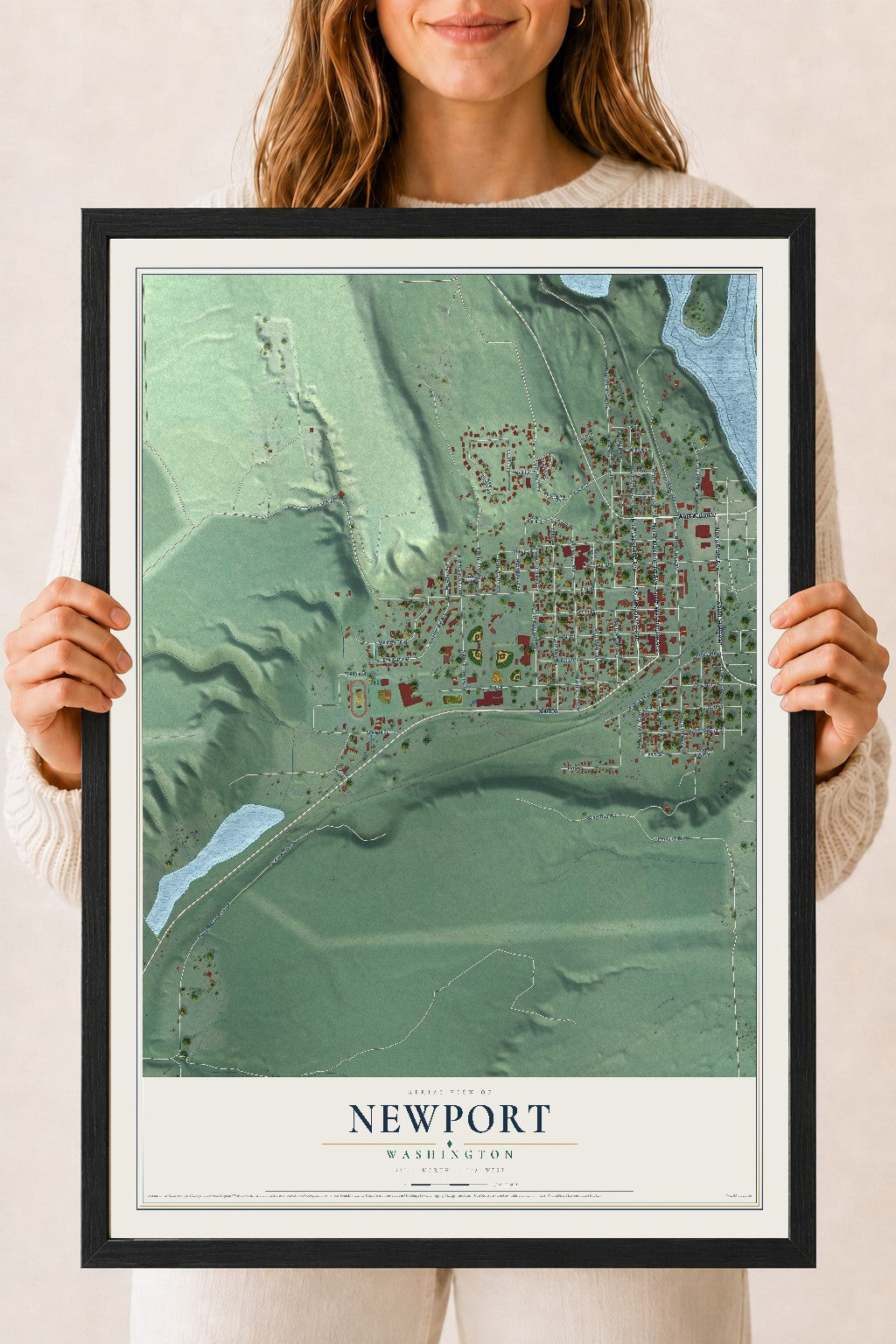 Map of Newport, Washington, 18 x 24 inch print in a black wood frame