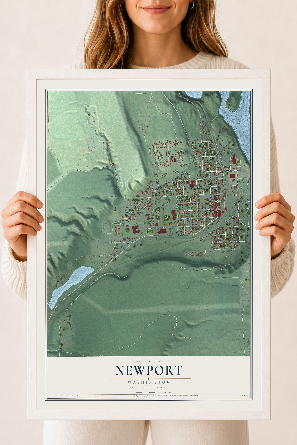 Map of Newport, Washington, 18 x 24 inch print in a white wood frame