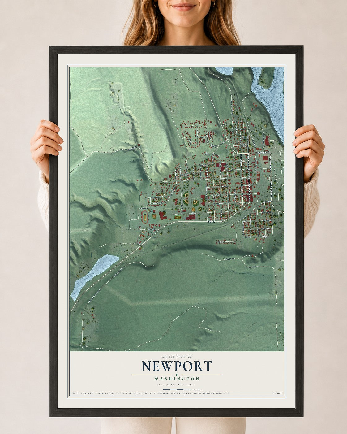 Map of Newport, Washington, 24 x 36 inch print in a black wood frame