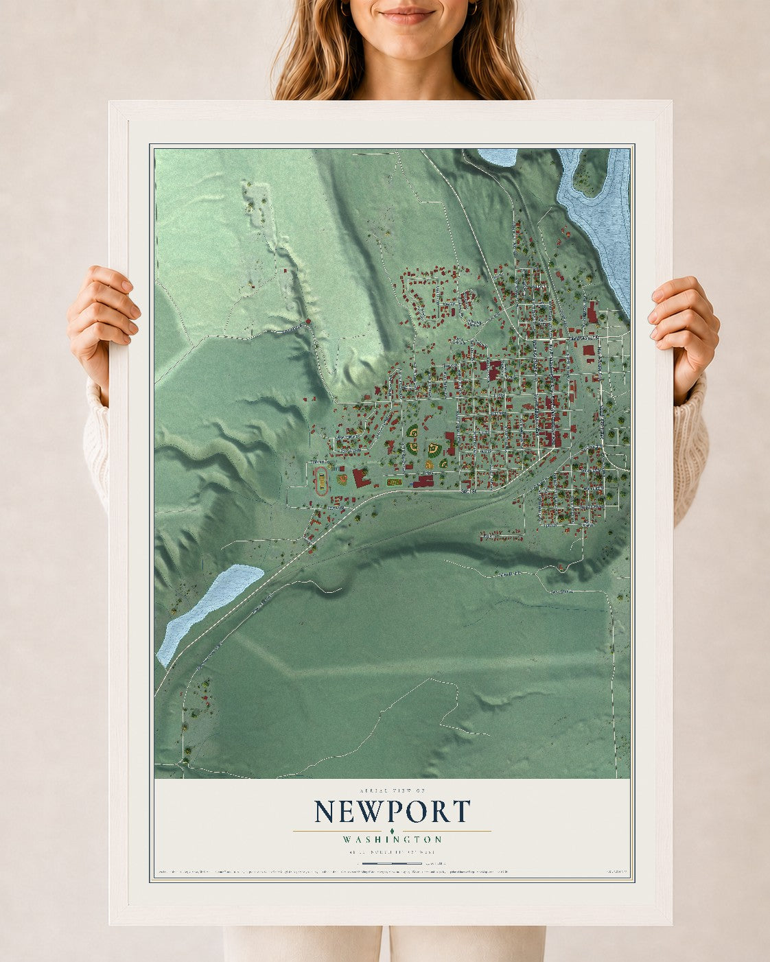 Map of Newport, Washington, 24 x 36 inch print in a white wood frame