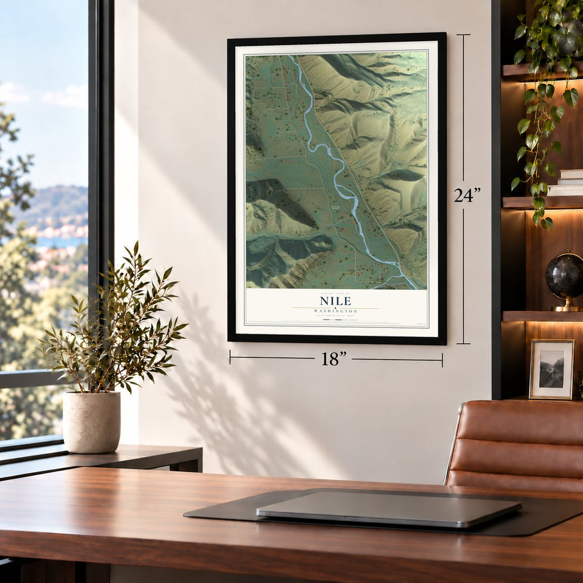 Nile, Washington map, 18 x 24 inch print in a black frame in a home office