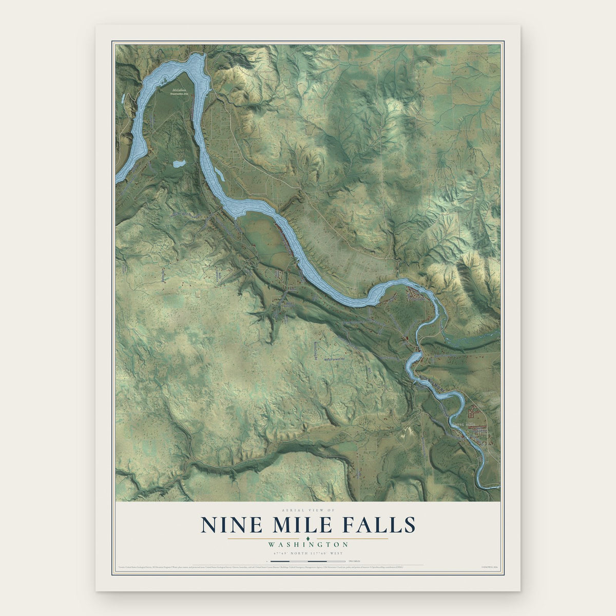 Nine Mile Falls, Washington map print, the full design